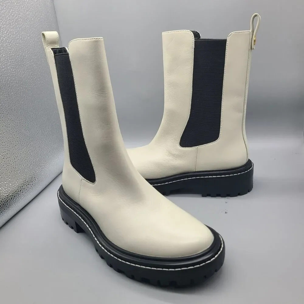 TORY BURCH Womens Benton Boots Pull On Chelsea Ivory Leather Midcalf sz 8.5 New